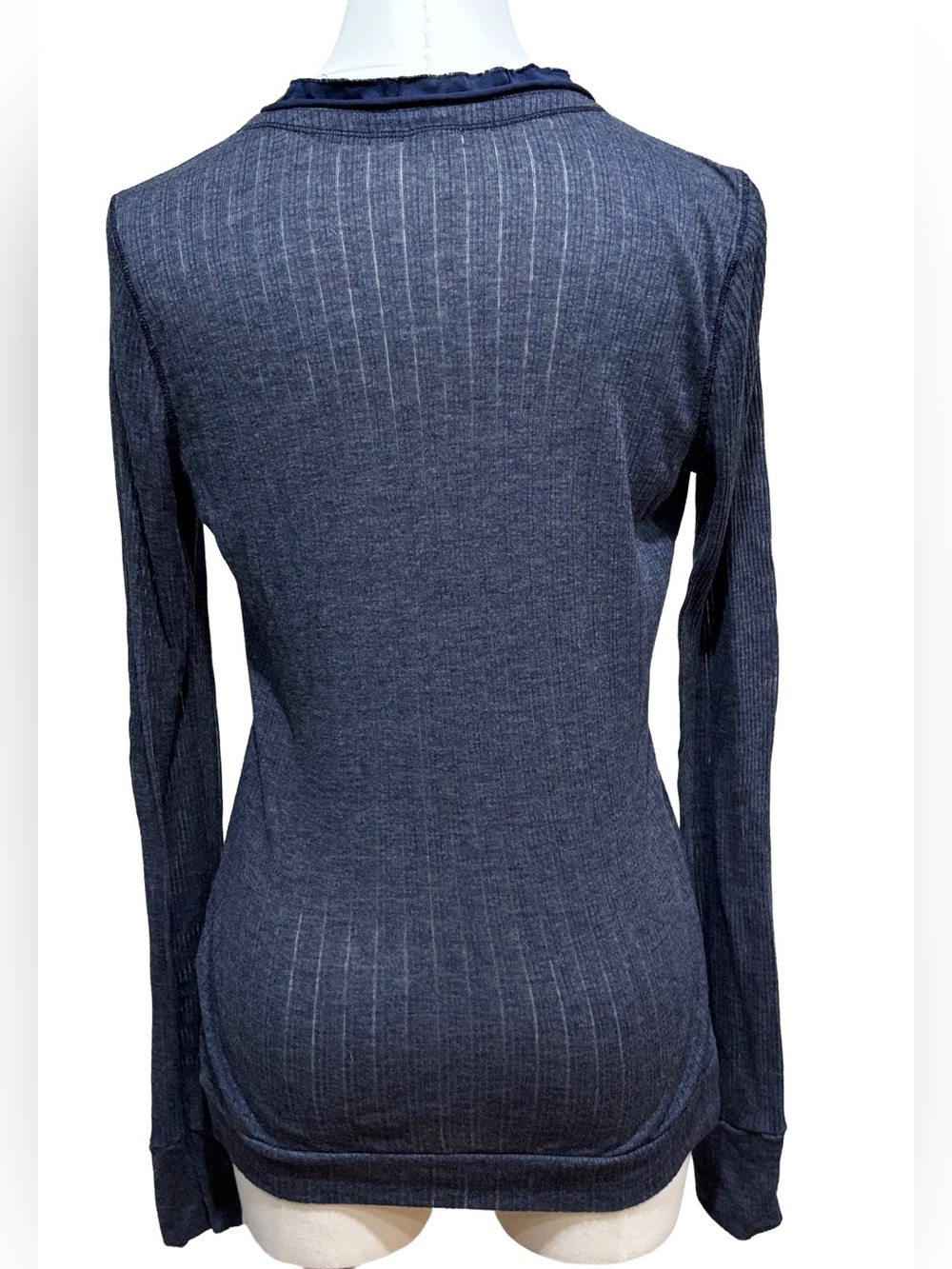 SPLENDID Navy Ribbed/Pointelle lacey Button-Front Cardigan, ribbon ruffle vneck - Picture 4 of 16